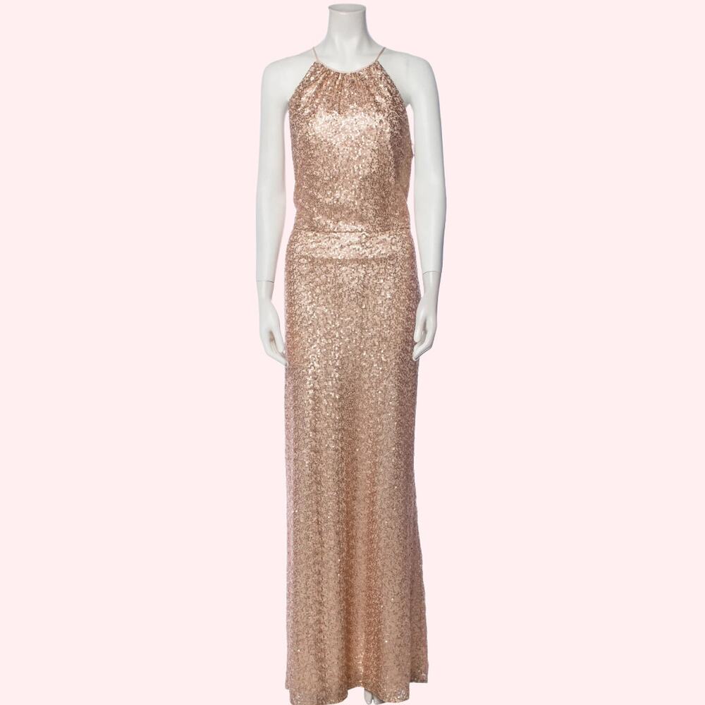 AMSALE Rose Gold Sequin Halterneck Maxi Evening Gown w/ Tags